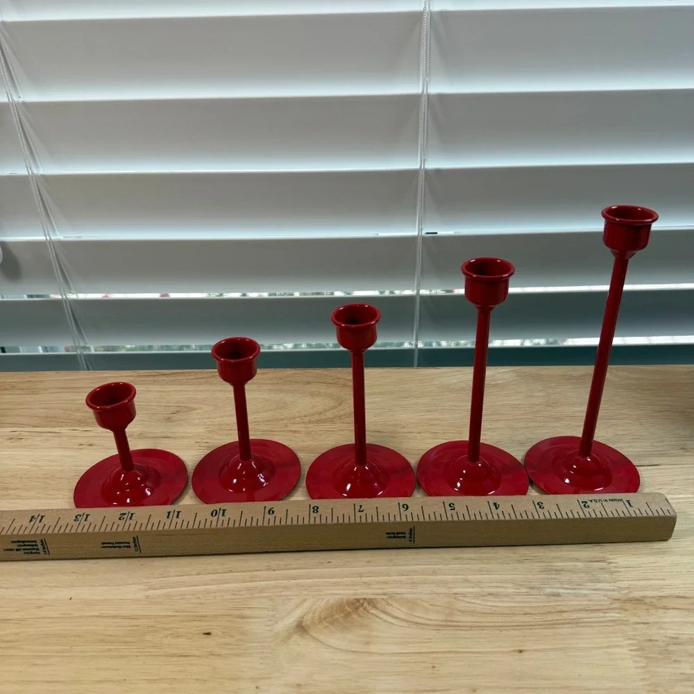 Vintage Graduated Candlesticks Red Metal Classic Taper Candle Holders Set